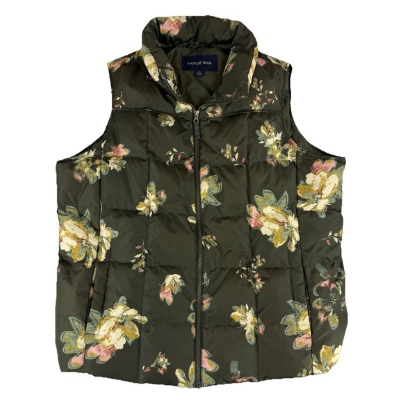 Lands' End Puffer Vest Women's 1X Olive Green Ivory Pink Floral Down Fill - Picture 1 of 8